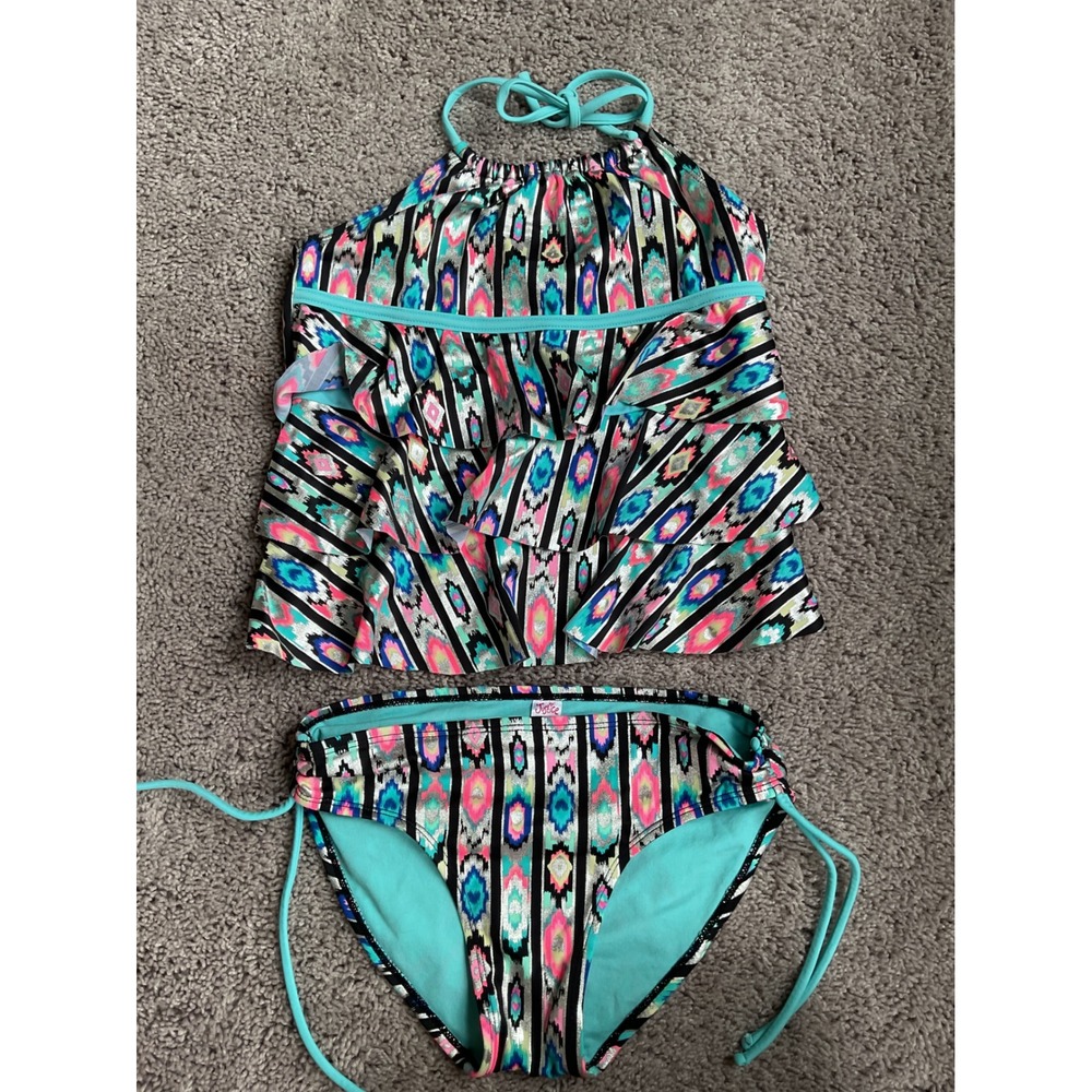 Justice Girls Tankini Swimsuit Set Size 10.5 Ikat Ruffle Metallic Shimmer 2pc